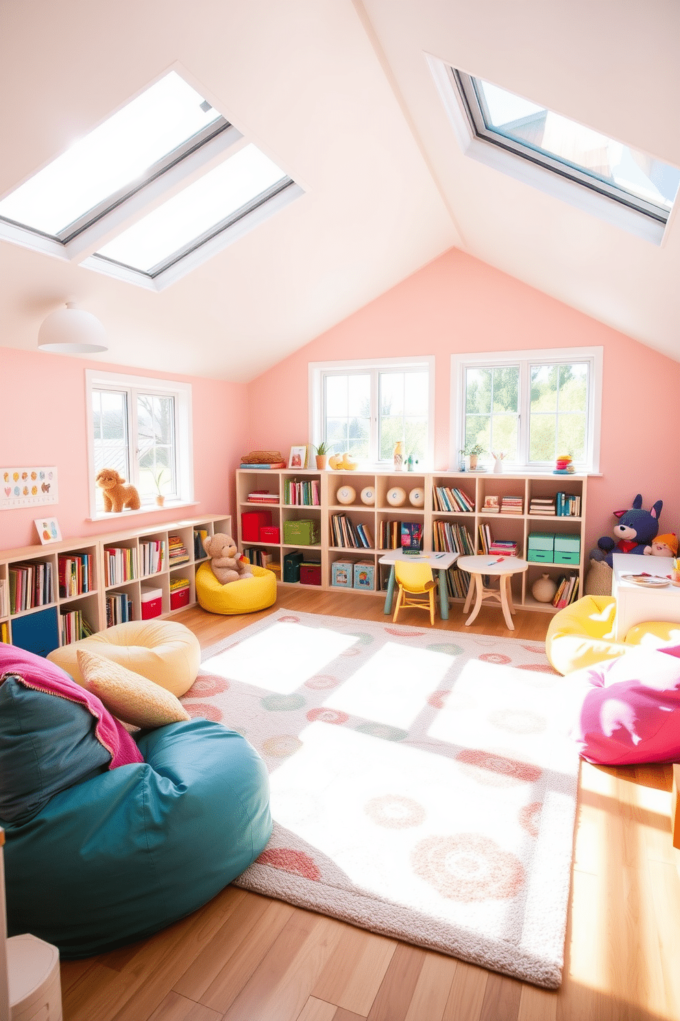 A bright and cheerful attic playroom filled with natural light streaming through expansive floor-to-ceiling windows. The space features colorful bean bags, a cozy reading nook with plush cushions, and a playful rug that adds warmth and texture to the room. The walls are painted in soft pastel hues, creating a whimsical atmosphere perfect for children. Shelves are lined with books and toys, while a small art station invites creativity and imagination.