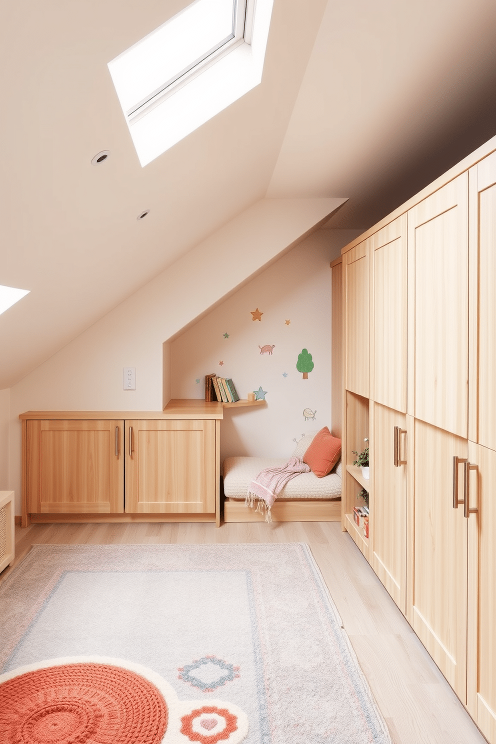 A cozy attic playroom designed under the eaves features built-in storage solutions that blend seamlessly with the sloped ceiling. Soft, colorful rugs cover the floor, while playful wall decals add a whimsical touch to the space. The storage units are crafted from light wood, providing a warm contrast to the pastel-colored walls. A small reading nook with plush cushions is tucked into one corner, inviting children to explore their favorite books.