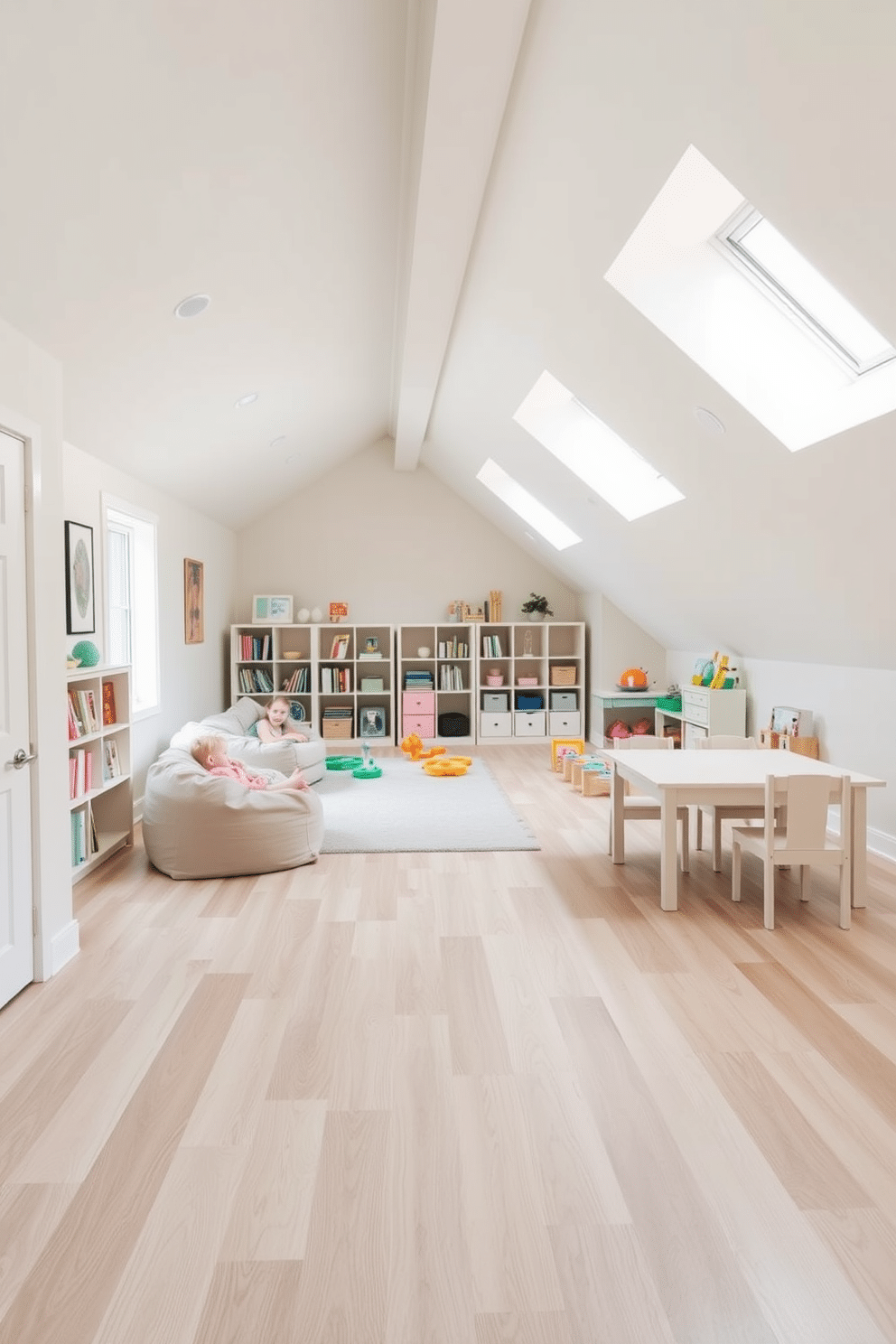 Open floor plan for versatile play areas. The space features soft, neutral-colored walls and a durable, light wood floor that enhances the feeling of openness. In one corner, a cozy reading nook is created with plush bean bags and a small bookshelf filled with colorful children's books. Adjacent to it, a large, interactive play area is equipped with modular toys and a soft area rug for comfort and safety. Attic Playroom Design Ideas. The attic is transformed into a whimsical playroom with sloped ceilings painted in a soft pastel hue, creating an inviting atmosphere. Large windows allow natural light to flood the space, illuminating a creative arts and crafts corner complete with a sturdy table and organized storage for supplies.