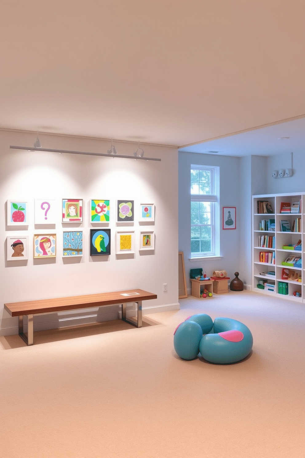 A bright and inviting art display area features a large, white wall that serves as a backdrop for a rotating selection of colorful artworks. Elegant track lighting illuminates the pieces, while a sleek wooden bench provides a comfortable spot for viewers to sit and appreciate the creations. The attic playroom is designed with soft, plush carpeting in cheerful colors, creating a cozy atmosphere for play. Built-in shelving houses toys and books, while large windows allow natural light to flood the space, making it a perfect retreat for children.