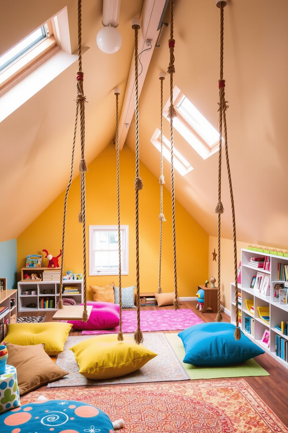 A whimsical attic playroom featuring hanging swings suspended from the sloped ceiling, creating an inviting and playful atmosphere. The space is filled with colorful cushions and soft rugs, encouraging children to lounge and play comfortably. Brightly painted walls in cheerful hues complement the natural light streaming through skylights, enhancing the fun and creative environment. A variety of toys and books are neatly organized on open shelves, promoting both play and learning in this imaginative retreat.