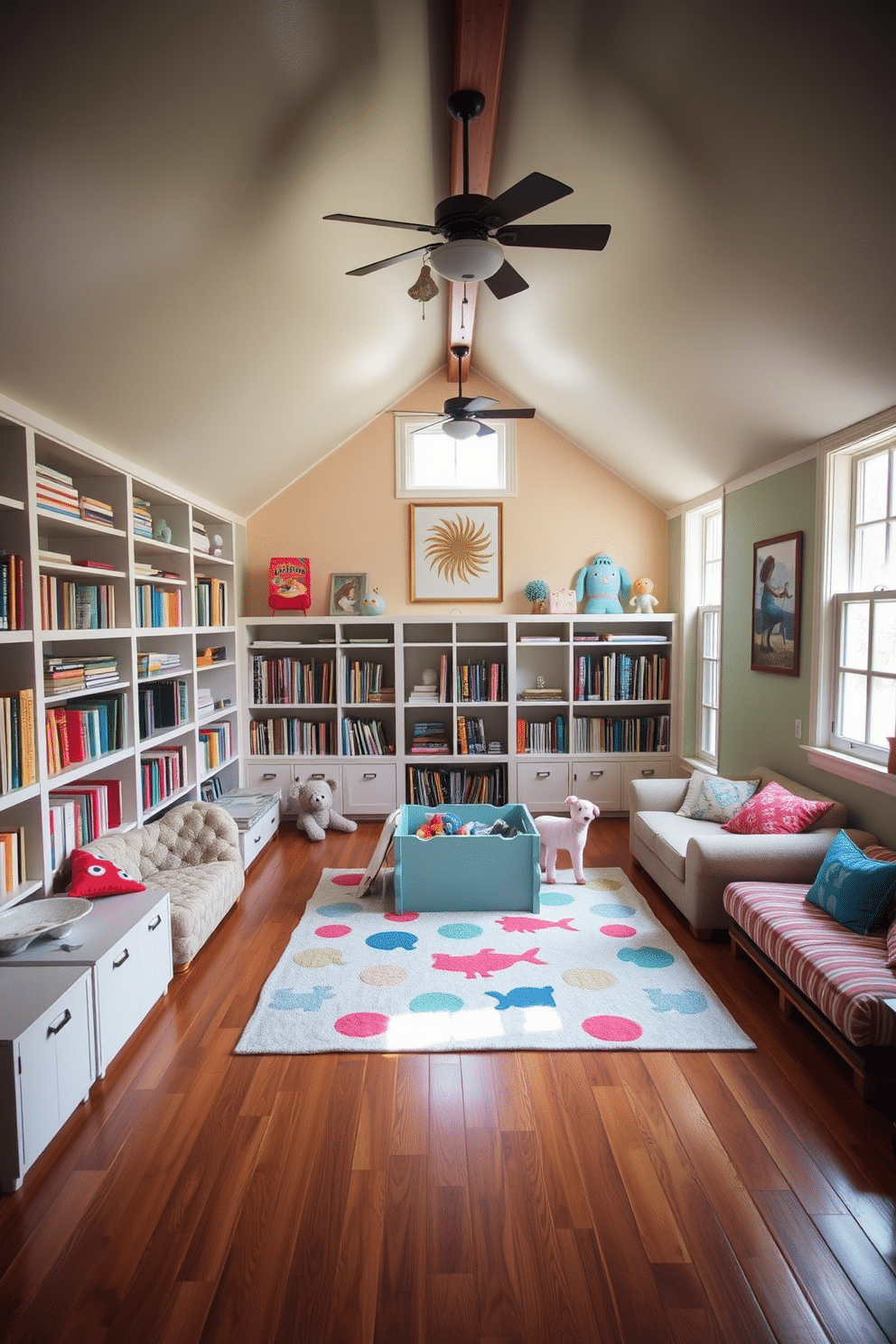 A cozy attic playroom features built-in bookshelves that stretch from floor to ceiling, filled with colorful books and toys for easy access. Soft, plush seating is arranged around a central play area, with large windows allowing natural light to flood the space and create an inviting atmosphere. The walls are painted in a cheerful pastel color, enhancing the playful vibe of the room. A whimsical rug adds warmth to the hardwood floor, while decorative accents like wall art and playful cushions complete the design.