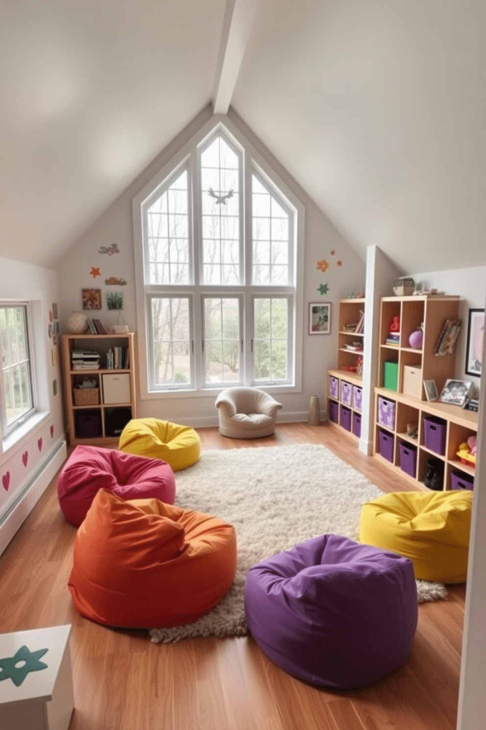 A cozy attic playroom features vibrant bean bag chairs scattered around a soft, plush rug, inviting children to relax and play. Large windows allow natural light to flood the space, highlighting colorful wall decals and playful artwork that inspire creativity. The room is filled with storage solutions, including open shelves and bins, to keep toys organized and easily accessible. A small reading nook with a bean bag chair and a bookshelf encourages quiet time and imagination.