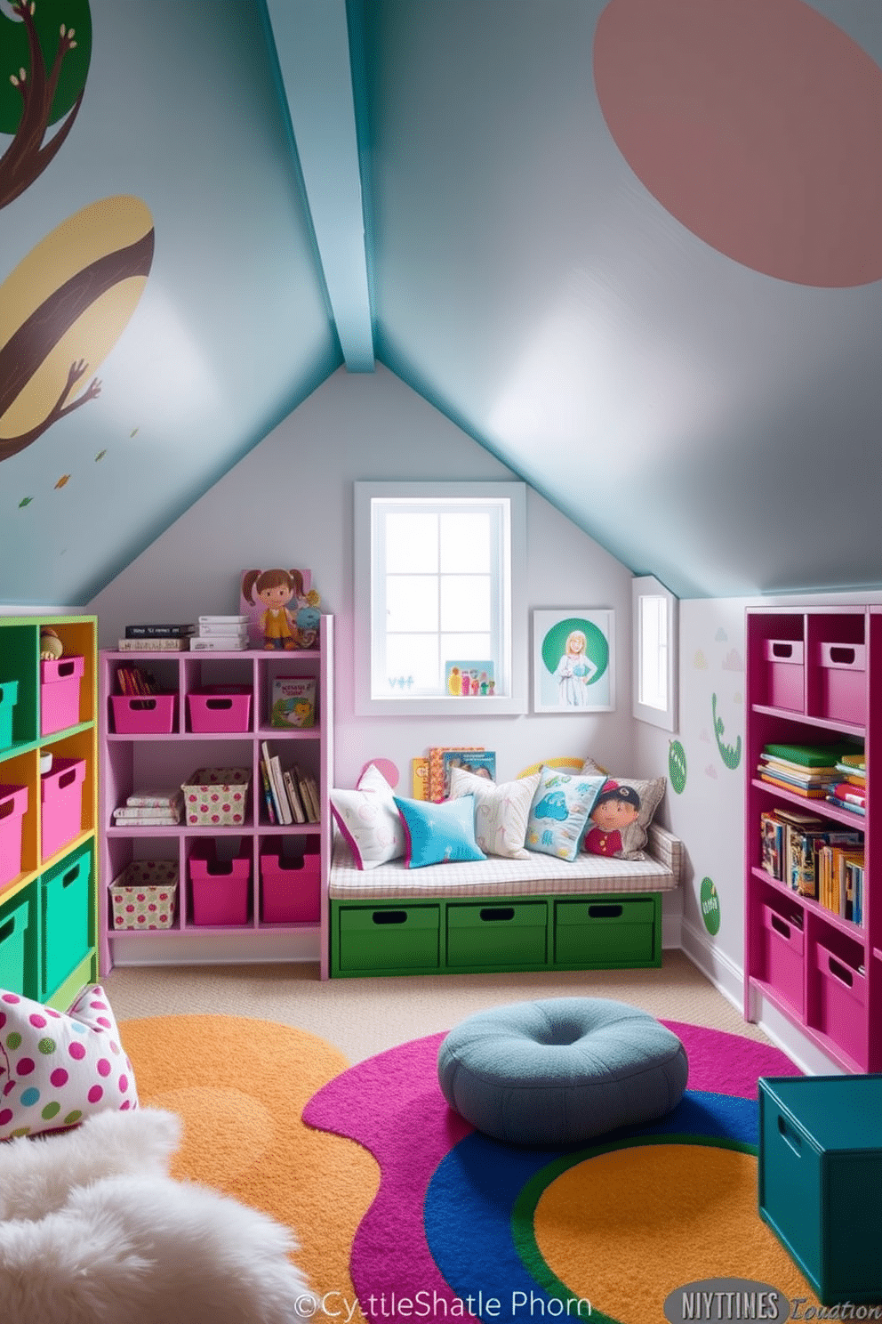 A whimsical attic playroom designed for creative storage solutions for toys. The space features built-in shelving units painted in bright colors, filled with neatly organized bins and baskets for easy access to toys. A cozy reading nook is tucked under the eaves, complete with plush cushions and a small bookshelf filled with children's books. The walls are adorned with playful murals, and soft, colorful rugs provide a comfortable area for play.