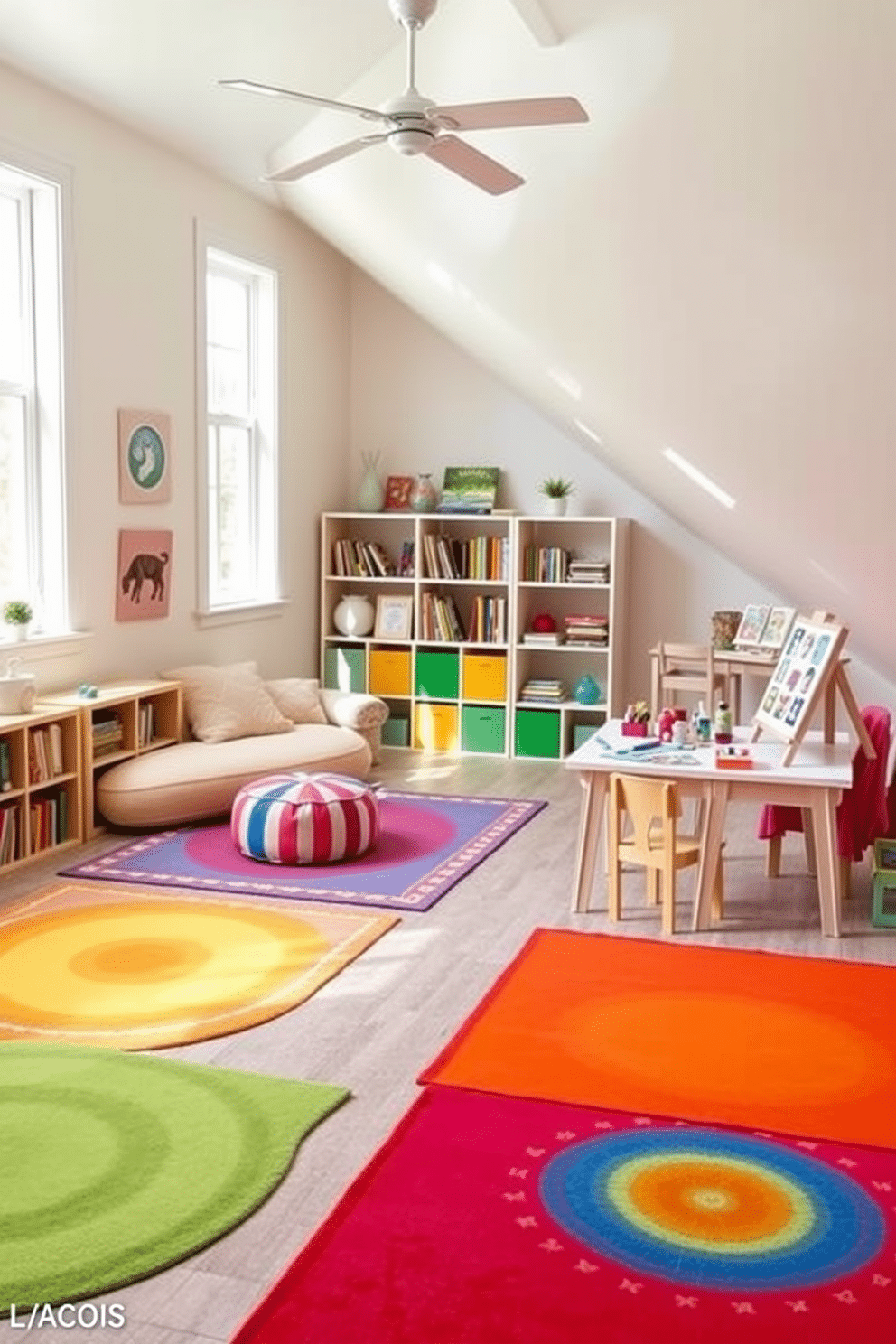 A bright and cheerful attic playroom features colorful rugs that define distinct play zones, creating a fun and inviting atmosphere. The walls are painted in soft pastels, and large windows allow natural light to flood the space, illuminating the various activity areas. In one corner, a cozy reading nook is adorned with plush cushions and a small bookshelf filled with children's books. Adjacent to it, a vibrant art station is set up with easels, paints, and craft supplies, encouraging creativity and exploration.