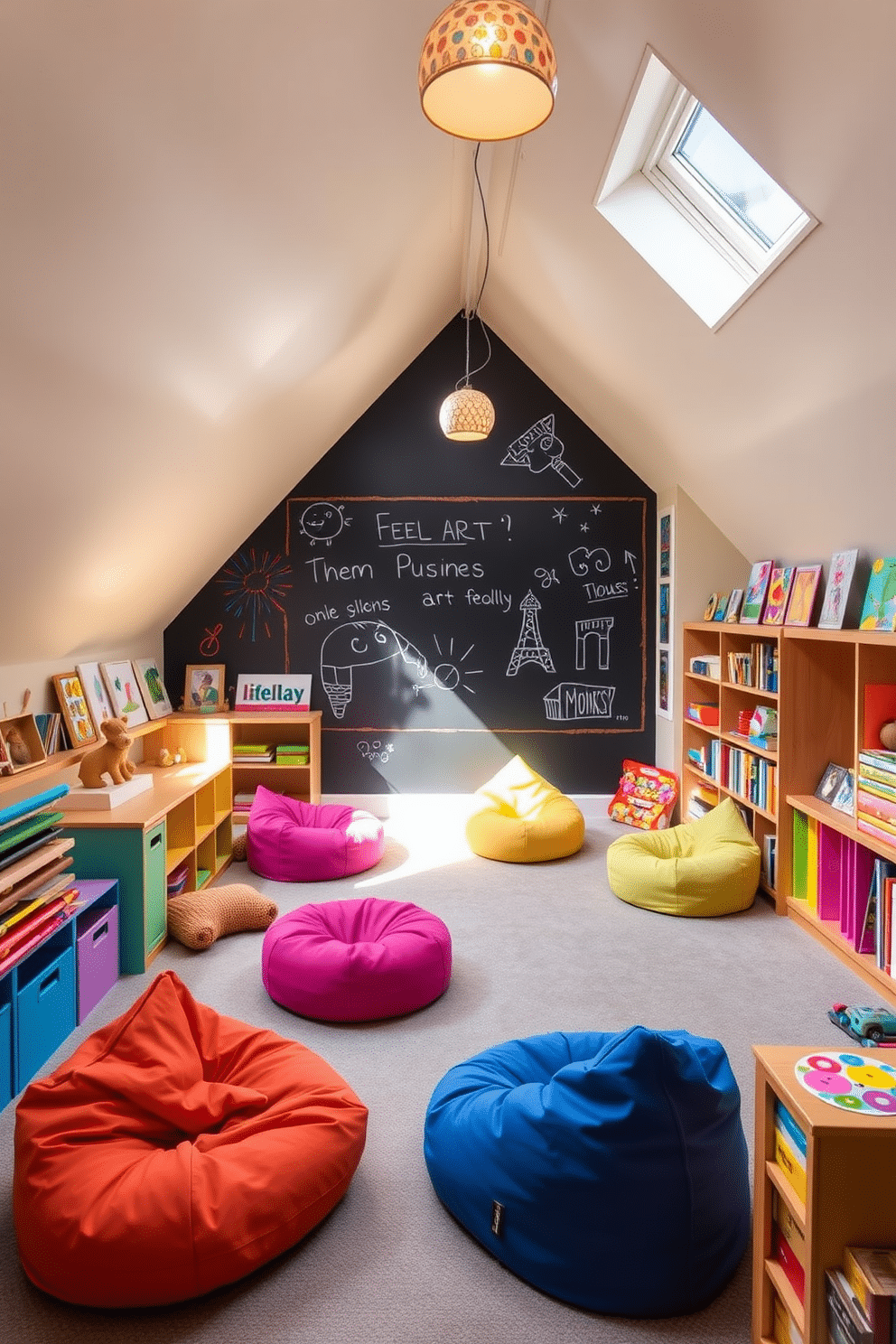 A cozy relaxation space features a suspended hammock chair made from soft, natural fibers, gently swaying between two sturdy wooden beams. Surrounding the chair, lush indoor plants create a tranquil atmosphere, while a plush area rug adds warmth to the wooden floor. The attic playroom is designed with vibrant colors and playful patterns, featuring a large bean bag area for lounging and a chalkboard wall for creativity. Brightly colored storage bins are neatly arranged to hold toys, and a whimsical light fixture adds a touch of fun to the space.