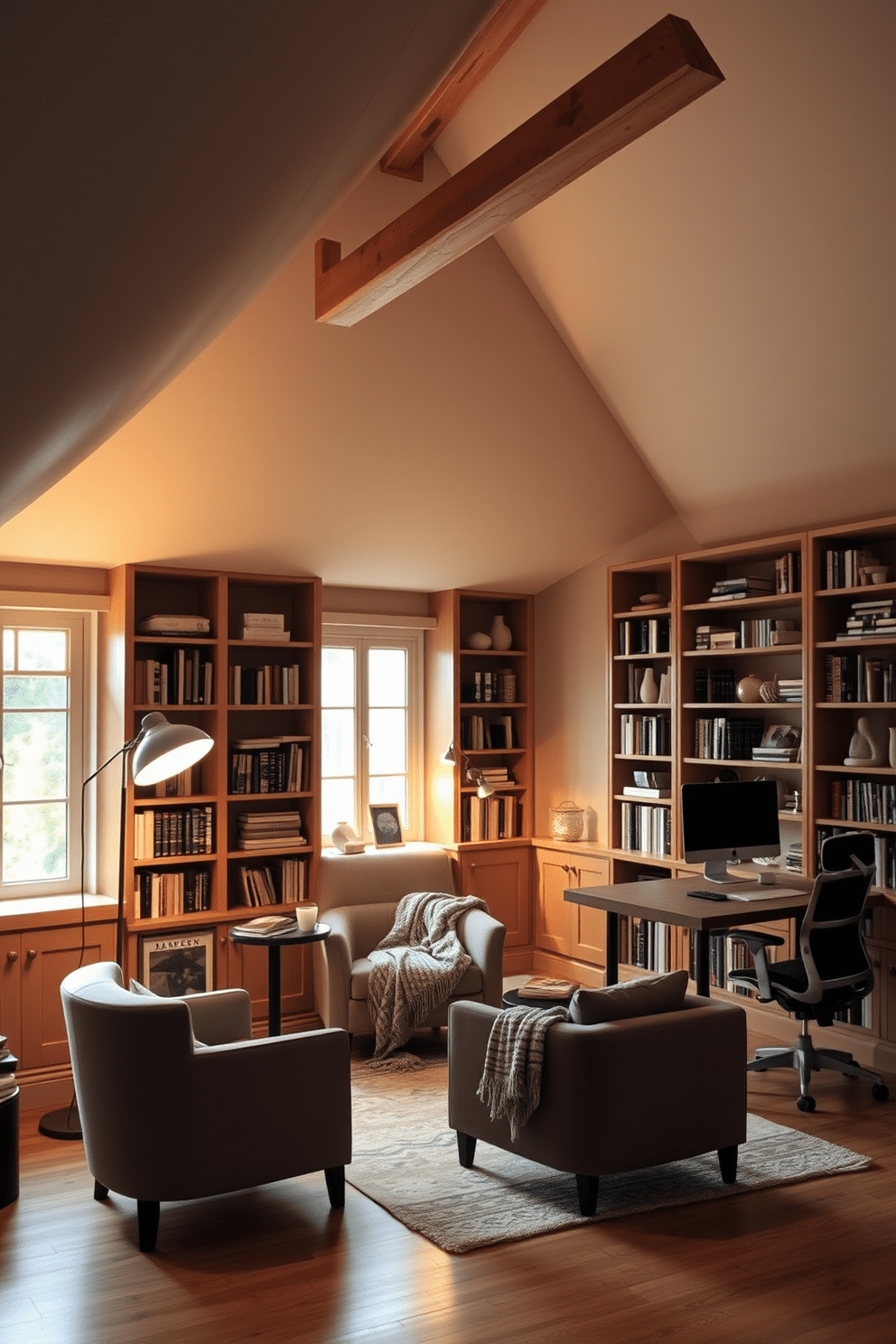 Cozy reading nook with built-in shelves. A plush armchair sits in the corner, surrounded by floor-to-ceiling built-in shelves filled with books and decorative items. Soft, warm lighting emanates from a stylish floor lamp, creating an inviting atmosphere perfect for curling up with a good book. A small side table holds a steaming cup of tea and a cozy throw blanket draped over the armchair adds to the comfort. Attic room design ideas. The space features sloped ceilings adorned with exposed wooden beams, giving it a rustic charm. Large windows allow natural light to flood in, illuminating a comfortable seating area with a modern sofa and a chic coffee table. A creative workspace is tucked into one corner, complete with a stylish desk and ergonomic chair, making the most of the unique layout.