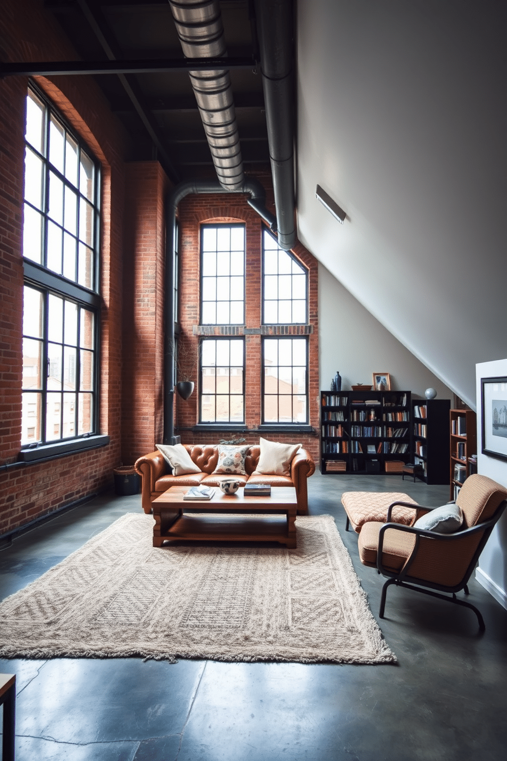 A stylish industrial loft featuring exposed brick walls, large metal-framed windows, and polished concrete floors. The space is furnished with a mix of vintage and modern furniture, including a leather sofa and a reclaimed wood coffee table. A cozy attic room designed for relaxation, with sloped ceilings and skylights that let in natural light. The room is adorned with soft textiles, a plush area rug, and a reading nook complete with a comfortable chair and shelves filled with books.