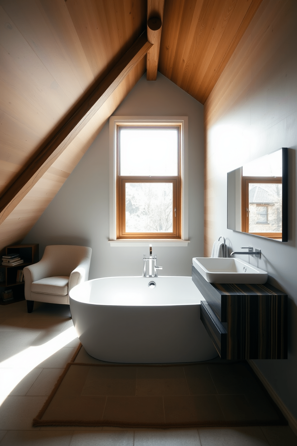 A modern bathroom featuring a freestanding tub positioned under a large window, allowing natural light to flood the space. The tub is surrounded by sleek, minimalist fixtures, with a floating vanity made of dark wood and a large, backlit mirror above it. An attic room designed for a cozy reading nook, with sloped ceilings and exposed wooden beams. A plush armchair sits in the corner next to a small bookshelf, while soft, ambient lighting creates a warm atmosphere throughout the space.