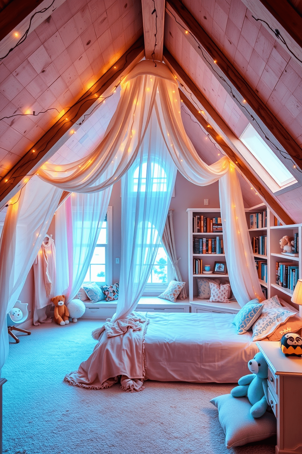 A whimsical fairy tale bedroom for children. The room features a canopy bed draped with pastel-colored fabrics, surrounded by twinkling fairy lights and plush stuffed animals. Attic Room Design Ideas. The space is transformed into a cozy reading nook with built-in bookshelves, a large window seat adorned with cushions, and exposed wooden beams that add character.