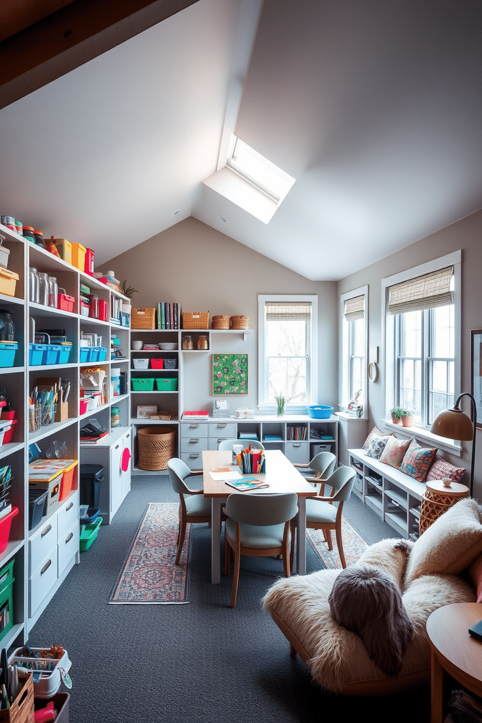 A creative craft room filled with organized supplies. Shelves lined with colorful bins and jars hold various materials, while a large table in the center is surrounded by comfortable chairs for crafting. An inviting attic room designed for relaxation and creativity. The space features sloped ceilings, a cozy reading nook with plush cushions, and large windows that flood the room with natural light.