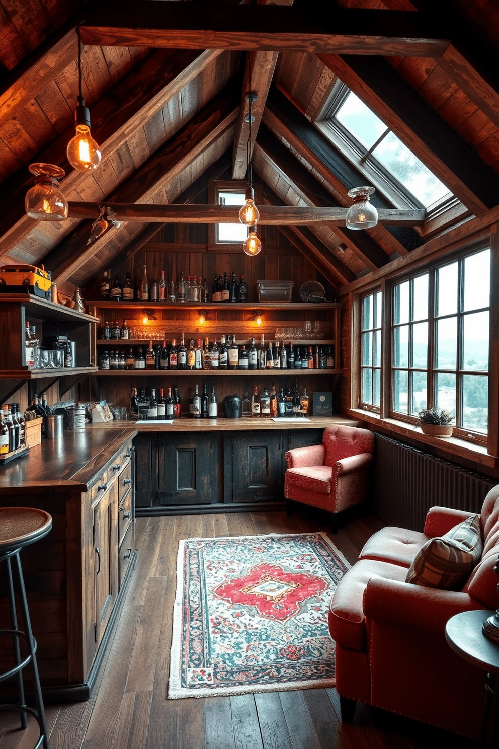 A vintage-inspired attic bar designed for entertaining features reclaimed wood shelving stocked with an array of spirits and glassware. The space is adorned with warm Edison bulb lighting, creating an inviting atmosphere, while plush, retro-style seating invites guests to relax and enjoy. Exposed beams and rustic finishes enhance the charm of the attic, with a vintage rug adding a pop of color to the wooden floor. Large windows allow natural light to flood in, providing a picturesque view and a cozy ambiance for gatherings.