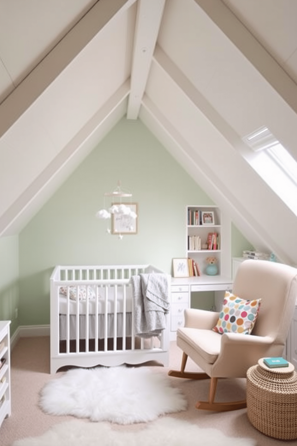 Charming nursery with soft pastel colors. The walls are painted in a gentle mint green, complemented by a cozy white crib adorned with a fluffy gray blanket. A whimsical mobile hangs above the crib, featuring soft clouds and stars. A plush rocking chair sits in the corner, paired with a small side table for books and baby essentials. Attic room design ideas. The space features sloped ceilings with exposed wooden beams, painted in a soft white to enhance natural light. A comfortable reading nook is created with a built-in bench and colorful cushions, inviting relaxation. A small desk in the corner offers a perfect workspace, surrounded by shelves filled with books and decorative items.