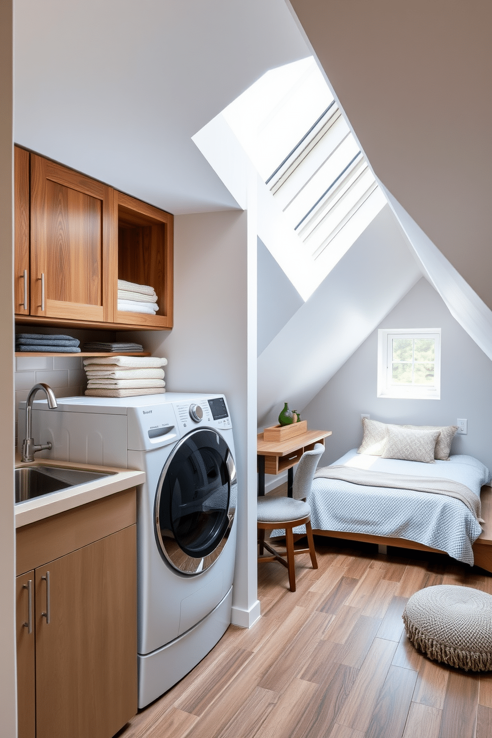 A functional laundry room featuring clever storage solutions. The room includes built-in cabinets above the washer and dryer, with a countertop for folding clothes and a stylish utility sink. For the attic room design, envision a cozy retreat with sloped ceilings and skylights that flood the space with natural light. The room is furnished with a plush reading nook, a small desk, and a bed tucked under the eaves, creating an inviting atmosphere.