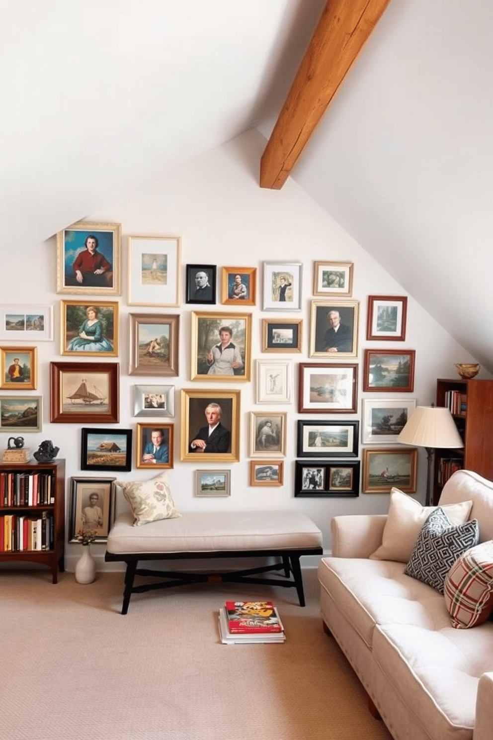 A gallery wall showcasing personal artwork filled with a mix of framed paintings, photographs, and eclectic pieces, creating a vibrant focal point in the room. The wall is painted in a soft white, allowing the colors of the artwork to pop, while a stylish bench below provides a cozy seating area for contemplation. An attic room designed as a cozy retreat, featuring sloped ceilings adorned with exposed wooden beams. The space is filled with plush furnishings, including a large sectional sofa and a vintage armchair, complemented by soft, warm lighting and a small bookshelf filled with favorite reads.