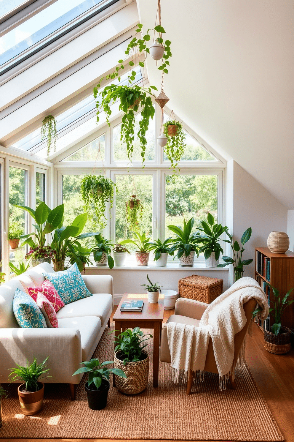 Bright sunroom with lots of greenery. Large windows allow natural light to flood the space, showcasing an array of potted plants and hanging greenery. The room features a comfortable seating area with a light-colored sofa adorned with vibrant cushions. A wooden coffee table sits in the center, surrounded by a mix of tropical plants and a woven rug that adds warmth to the atmosphere. Attic room design ideas. The space is transformed into a cozy reading nook with sloped ceilings and skylights that provide ample light. A plush armchair is positioned next to a small bookshelf filled with favorite novels, while a soft throw blanket drapes over the chair. The walls are painted in soft pastels, creating a serene and inviting ambiance.