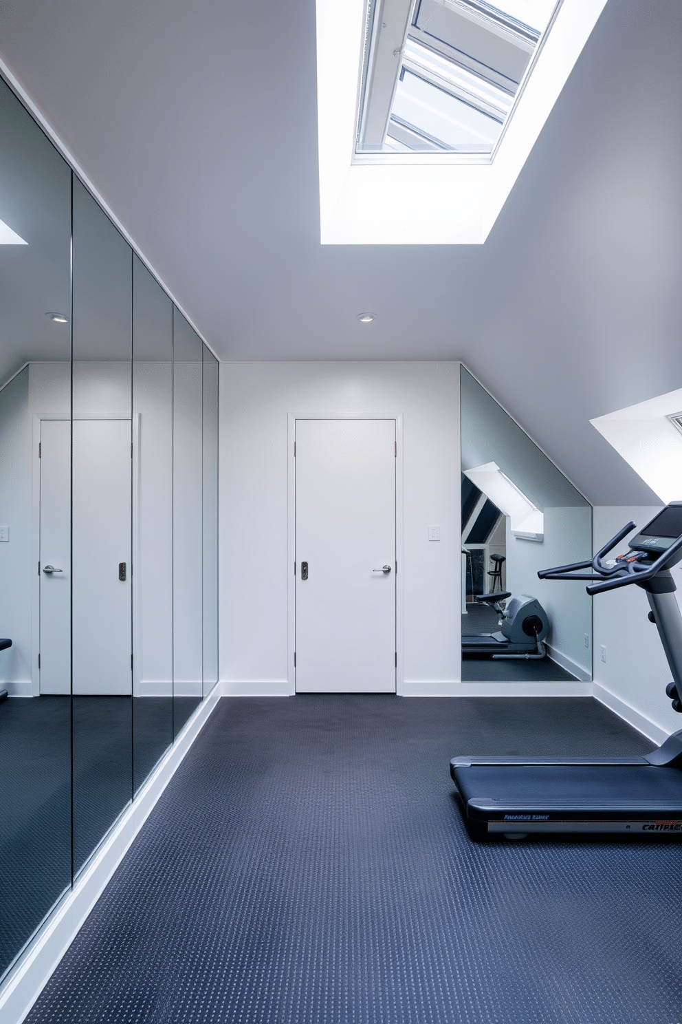 Sleek home gym with mirrored walls. The space features high-end exercise equipment, a minimalist design, and a rubber flooring that provides comfort and support. Attic room design ideas. This cozy space is transformed with sloped ceilings, a large skylight for natural light, and built-in storage solutions that maximize functionality while maintaining a stylish aesthetic.