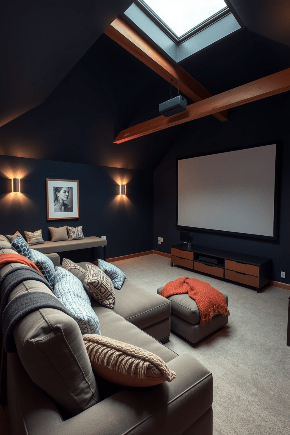 Cozy movie room with projector setup. The walls are painted a deep navy blue, creating a warm and inviting atmosphere, while plush, oversized couches are arranged for optimal viewing comfort. A large projector screen hangs on the opposite wall, complemented by soft, dimmable lighting that enhances the cinematic experience. Decorative throw blankets and cushions in rich textures are scattered across the seating, and a sleek media console houses the latest technology. Attic Room Design Ideas. The space features sloped ceilings with exposed wooden beams, giving it a rustic charm, while large skylights flood the room with natural light. A cozy reading nook is created with a built-in bench adorned with cushions, and a small desk area is tucked into the corner for a perfect workspace. The walls are painted in a soft, neutral palette, and stylish storage solutions are incorporated to maximize the limited space.