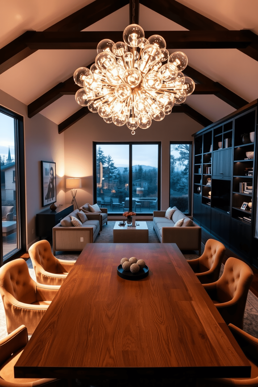 Elegant dining area with unique lighting. A large wooden table is surrounded by upholstered chairs in a rich fabric, creating a warm and inviting atmosphere. Above the table, a striking chandelier made of glass orbs hangs, casting a soft glow over the space. The walls are adorned with artwork that complements the color palette, while large windows allow natural light to flood in. Attic room design ideas. The space features sloped ceilings with exposed beams, giving it a cozy yet modern feel. A comfortable seating area is created with a plush sofa and a stylish coffee table, while built-in shelves showcase books and decorative items. Soft, ambient lighting enhances the room's charm, and a large window offers a stunning view of the outdoors.