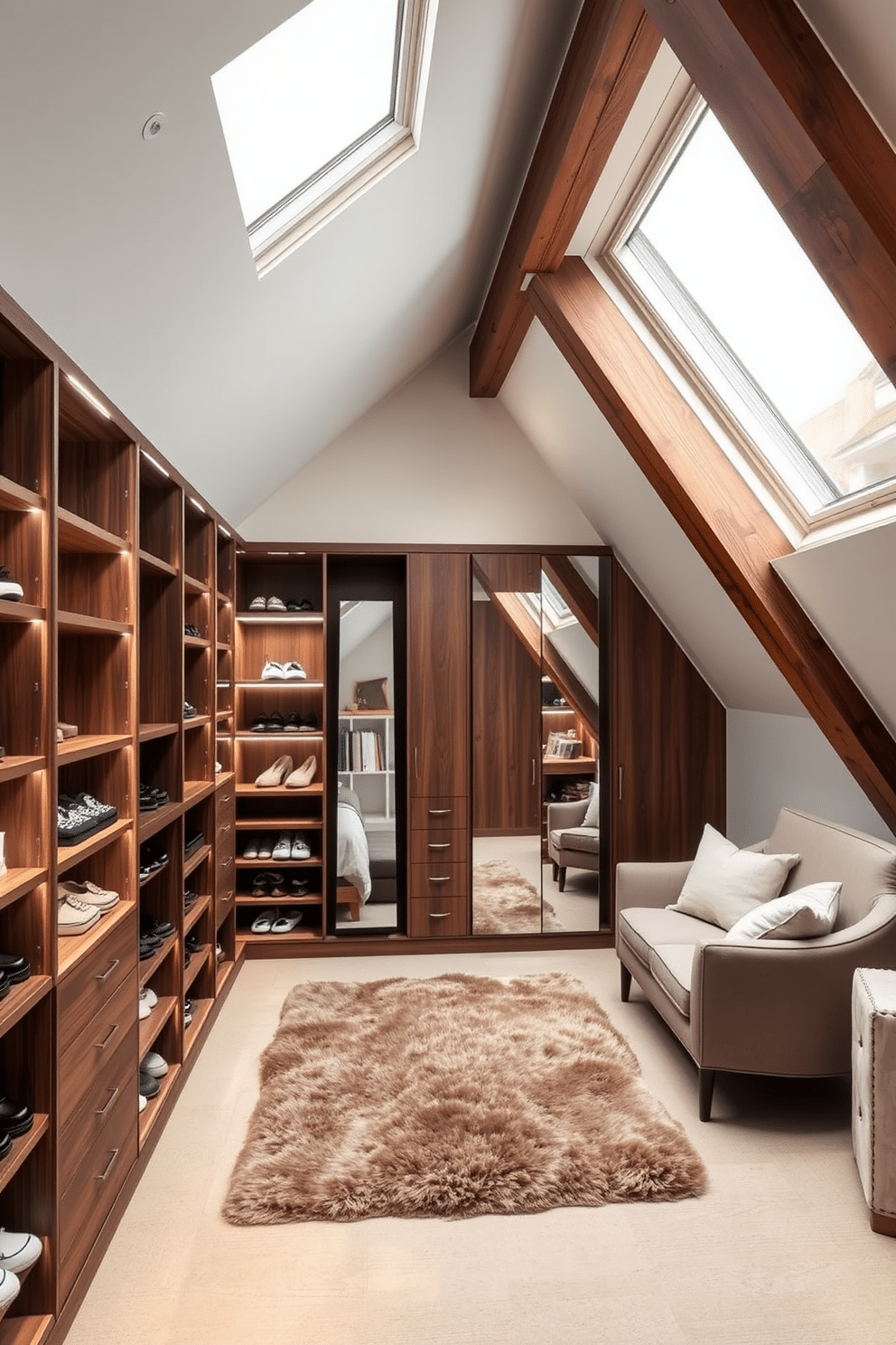 A stylish walk-in closet features custom shelves made of rich walnut wood, providing ample storage for shoes and accessories. Soft LED lighting illuminates the space, highlighting a plush area rug in the center and a full-length mirror against one wall. The attic room is designed with sloped ceilings and large skylights that flood the space with natural light. Cozy seating is arranged near a small reading nook, complemented by warm, neutral tones and rustic wooden beams that add character to the room.