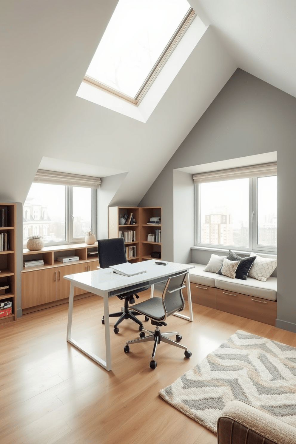 Bright workspace with large windows. The room features a sleek, minimalist desk positioned to take advantage of the natural light, complemented by a comfortable ergonomic chair. Attic room design ideas. The space is transformed with cozy nooks created by sloped ceilings, incorporating built-in shelves and a plush reading corner with soft textiles.