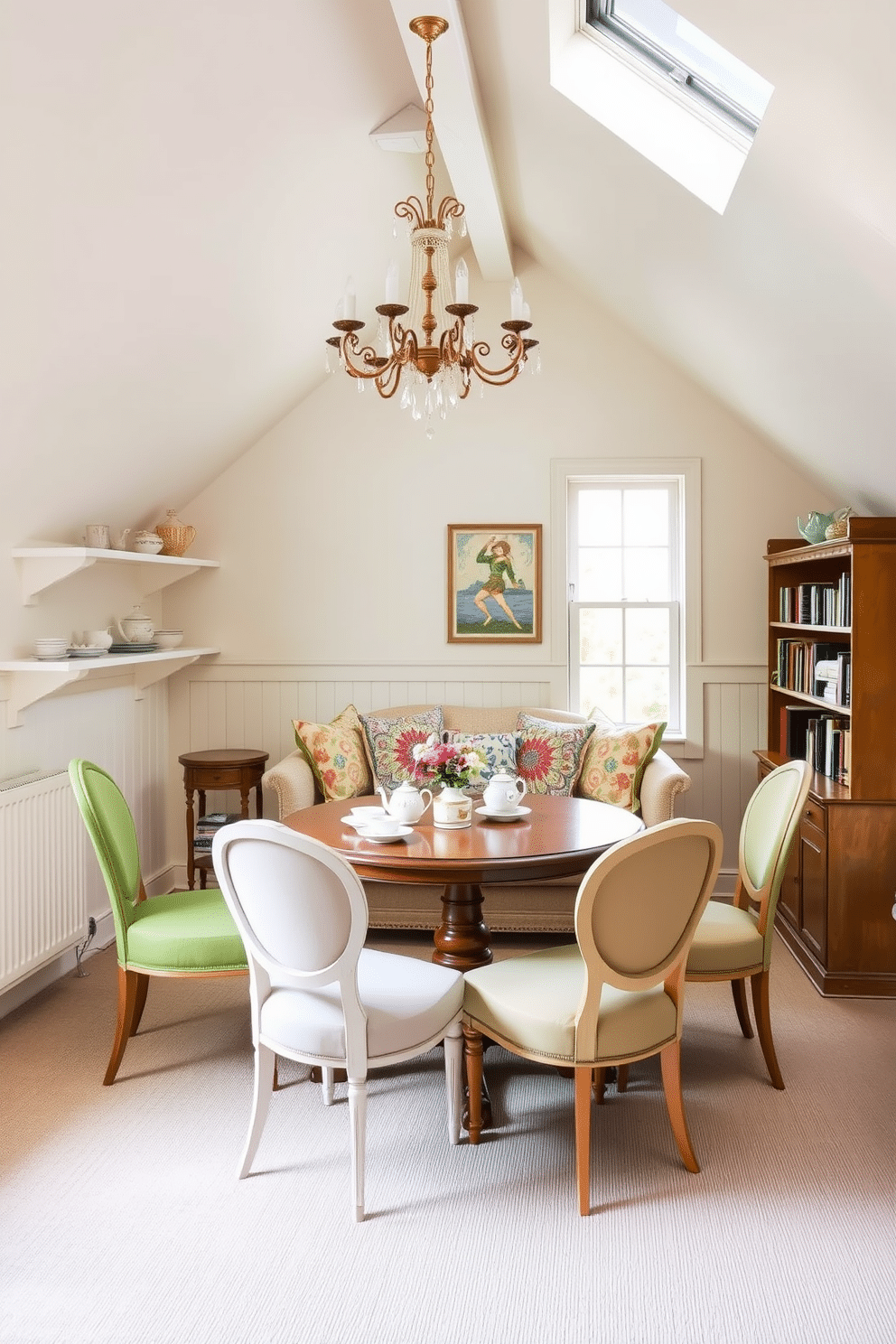 Charming tea room with vintage furniture. The room features a round wooden table surrounded by mismatched upholstered chairs in pastel colors. A delicate chandelier hangs from the ceiling, casting a warm glow over the space. Shelves lined with antique teapots and delicate china create an inviting atmosphere. Attic Room Design Ideas. The room is transformed into a cozy reading nook with a sloped ceiling and skylights that flood the space with natural light. A plush daybed is positioned against the wall, adorned with colorful throw pillows, while a small bookshelf filled with novels adds character to the room.