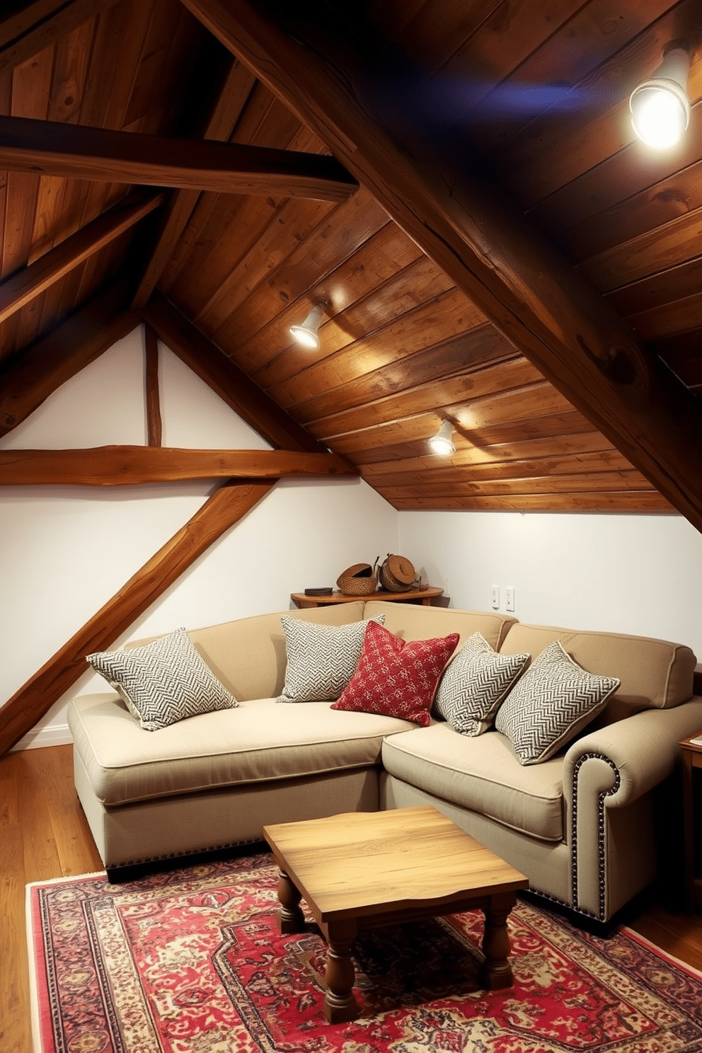 A cozy attic room features rustic wood beams that add warmth and character to the space. Soft lighting fixtures are strategically placed to create an inviting atmosphere, illuminating the natural textures of the wood. The room is furnished with a plush, oversized sofa adorned with textured throw pillows. A vintage rug anchors the seating area, while a small wooden coffee table complements the rustic theme.