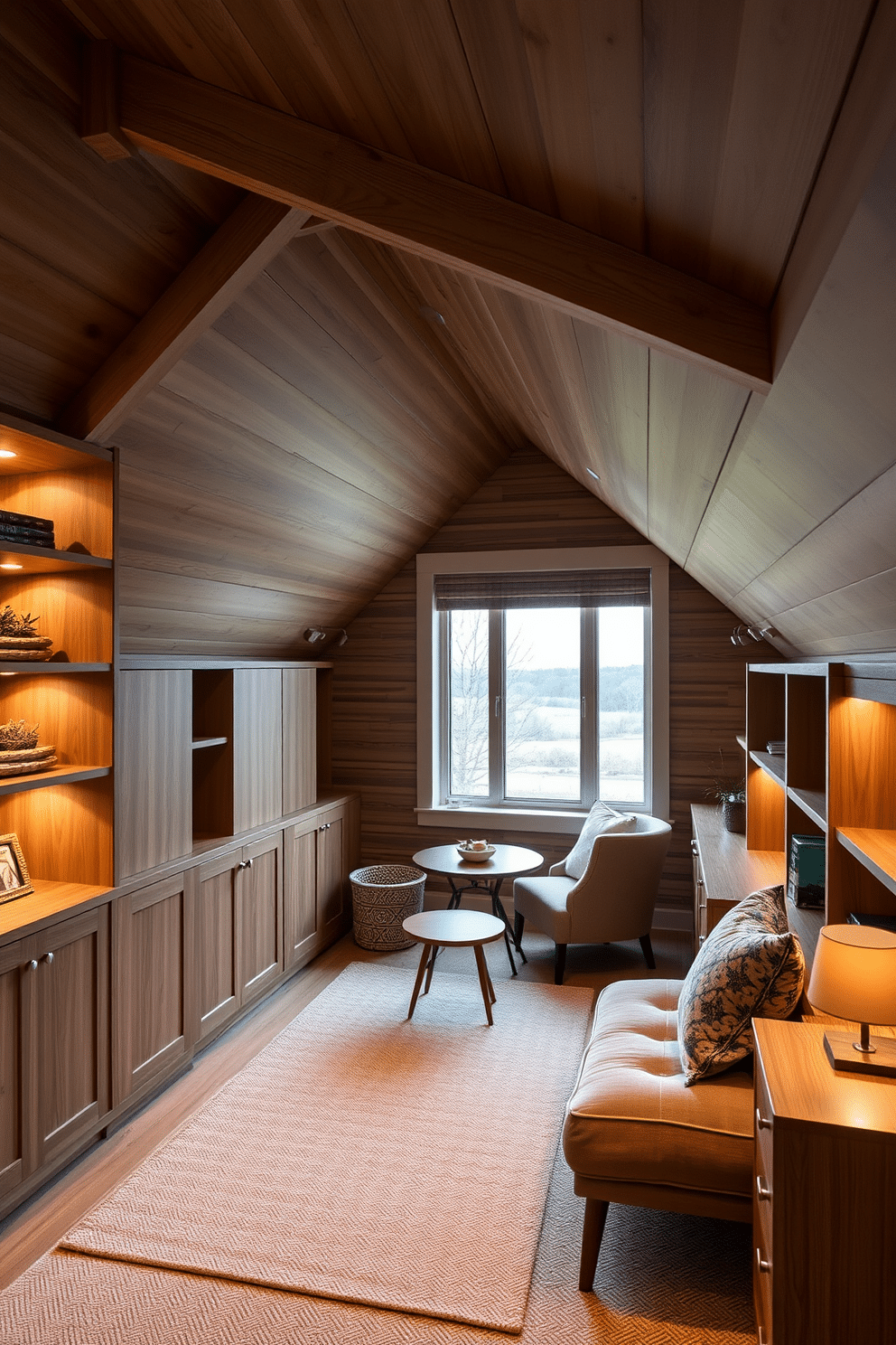 A cozy attic room designed for functionality and style. The space features built-in shelves with hidden compartments, seamlessly integrated into the sloped ceiling, providing ample storage without sacrificing aesthetics. The room is adorned with soft, ambient lighting that highlights the warm wood tones of the furniture. A plush seating area with a small table invites relaxation, while a large window offers a view of the surrounding landscape.