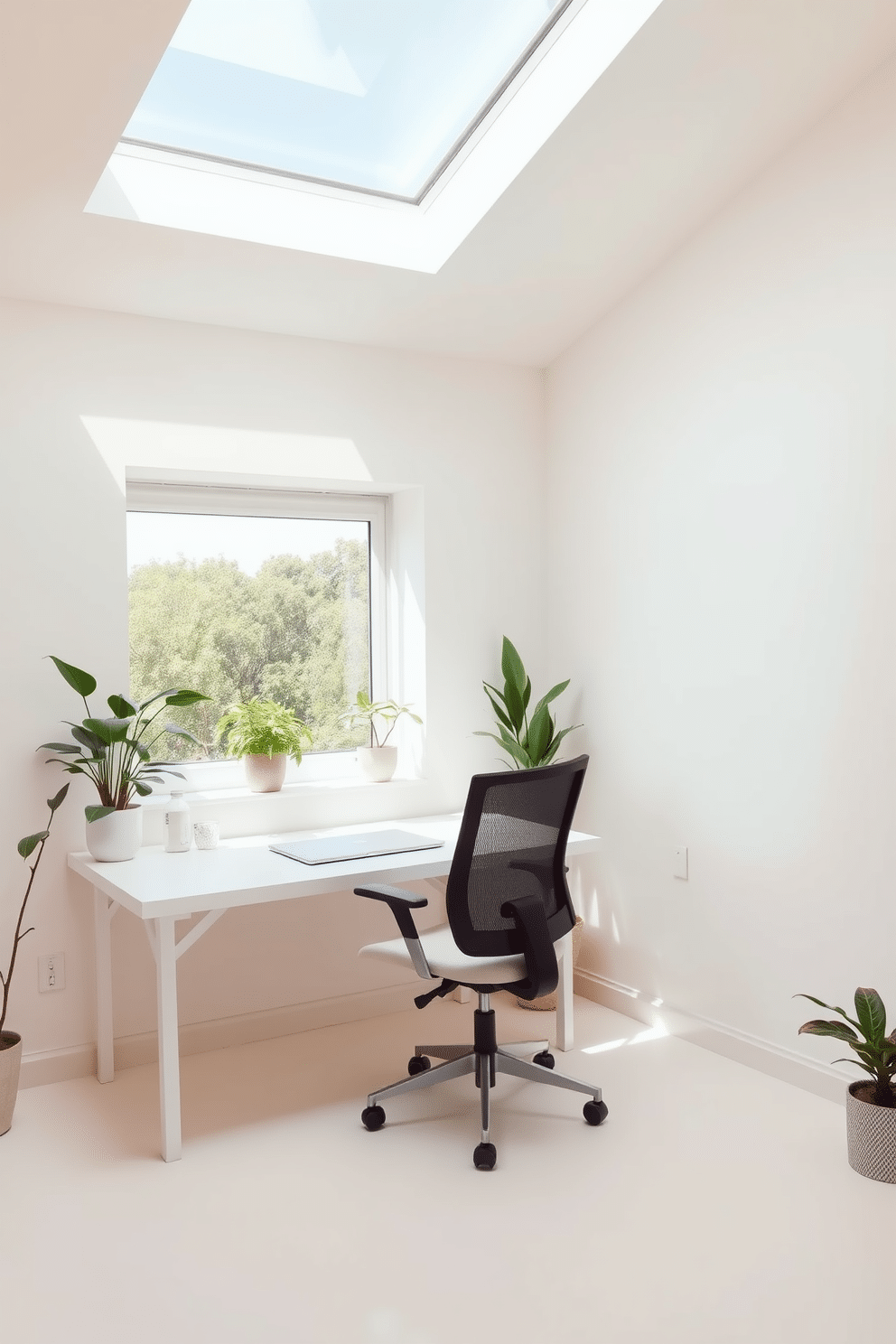 A minimalist workspace under a sloped ceiling features a sleek, white desk positioned against the wall, complemented by a comfortable ergonomic chair. Natural light floods the room through a large skylight, illuminating the clean lines and uncluttered surfaces. The walls are painted in a soft, neutral tone, enhancing the airy feel of the space. A few potted plants are strategically placed to add a touch of greenery and warmth to the minimalist design.