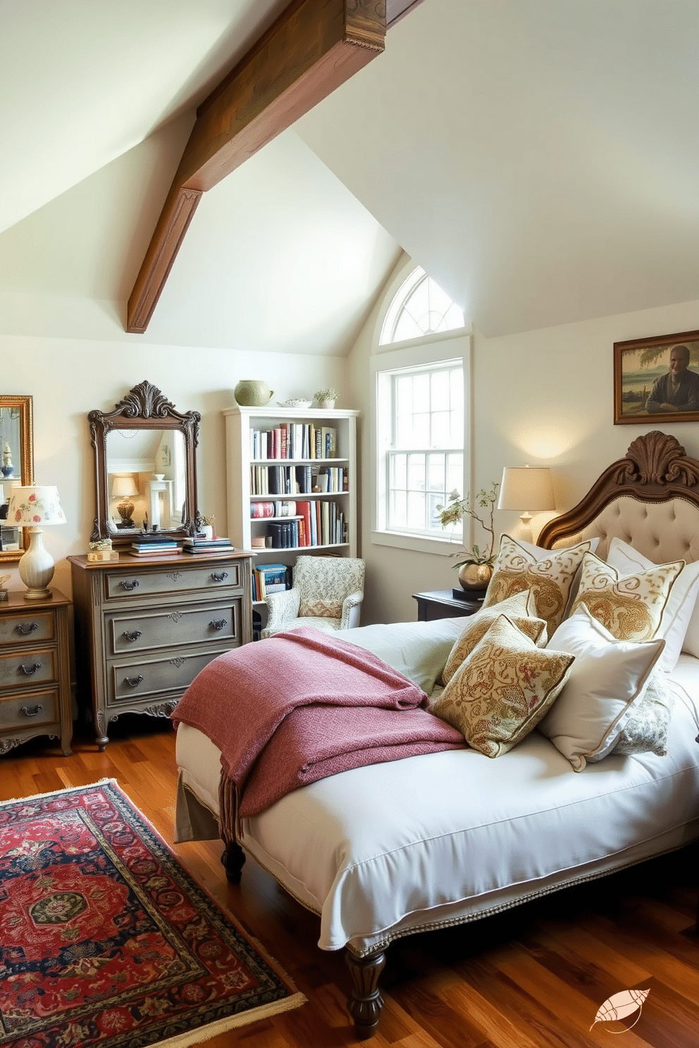 Chic guest bedroom with vintage decor. The room features a plush, tufted bed with an ornate headboard, draped in luxurious linens and an array of vintage-inspired throw pillows. An antique dresser with intricate carvings stands against one wall, complemented by a framed mirror with a distressed finish. Soft, ambient lighting comes from a pair of bedside lamps with floral shades, while a colorful Persian rug adds warmth to the hardwood floor. Attic room design ideas. The space showcases exposed wooden beams and a cozy reading nook with a built-in bookshelf, filled with an eclectic mix of books and decorative items. A large window allows natural light to flood in, enhancing the airy feel of the room. The walls are painted in a soft pastel hue, and a stylish daybed with plush cushions serves as both seating and a sleeping area.