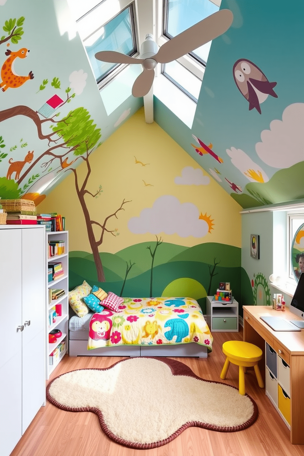 A playful kids' room filled with vibrant colors and whimsical murals depicting animals and nature scenes. The room features a cozy bed with a colorful quilt, a large rug shaped like a cloud, and shelves overflowing with toys and books. For the attic room design, envision a cozy retreat with sloped ceilings and large skylights allowing natural light to flood the space. Furnish it with a comfortable reading nook, a stylish desk for studying, and soft, inviting textiles to create a warm atmosphere.