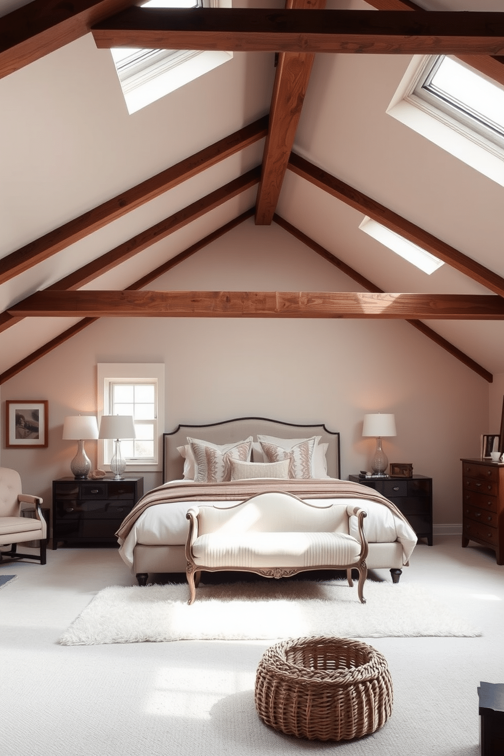 Elegant master suite with skylight views. The room features a king-sized bed dressed in luxurious linens, flanked by modern nightstands with stylish lamps. Natural light floods in through the skylights, highlighting the soft, neutral color palette and plush area rug. A cozy reading nook with a comfortable armchair and a small bookshelf is nestled by the window. Attic room design ideas. The space is transformed into a charming guest bedroom with sloped ceilings and exposed wooden beams. A vintage-style bed is centered in the room, complemented by a rustic wooden dresser and soft, ambient lighting. Decorative elements like framed artwork and a woven basket add warmth and character to the inviting atmosphere.