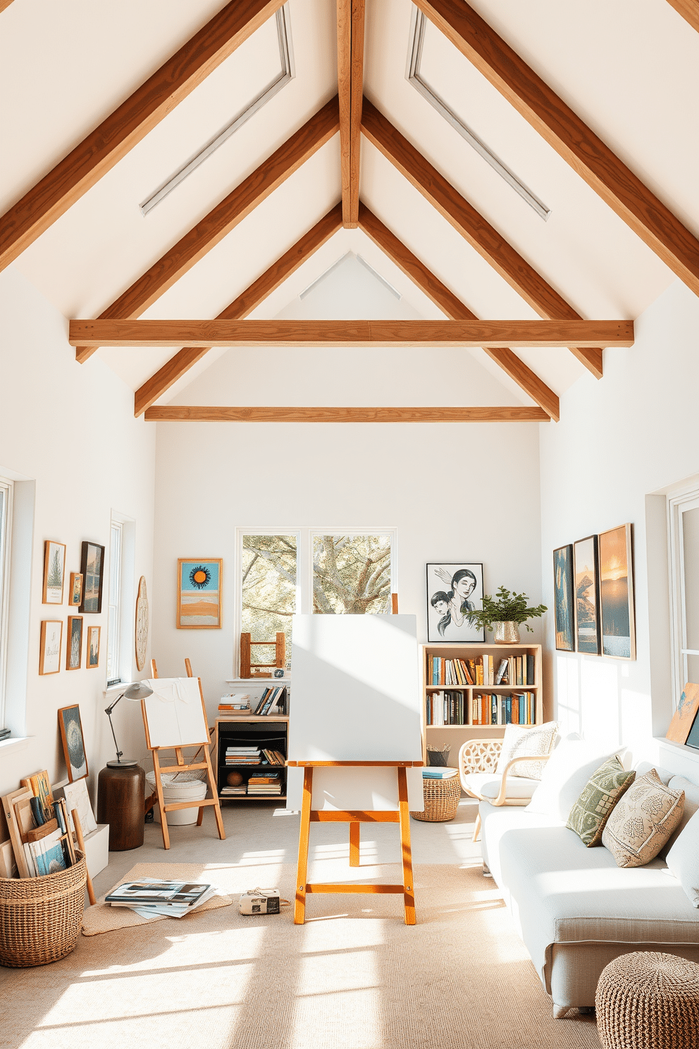 A bright and airy art studio filled with ample natural light streaming through large, floor-to-ceiling windows. The space features white walls adorned with colorful artwork, and a spacious wooden easel stands in the center, surrounded by various art supplies and a comfortable chair. An inviting attic room designed for relaxation and creativity, showcasing sloped ceilings with exposed wooden beams. Soft, neutral colors dominate the decor, complemented by a cozy reading nook with plush cushions and a small bookshelf filled with favorite novels.