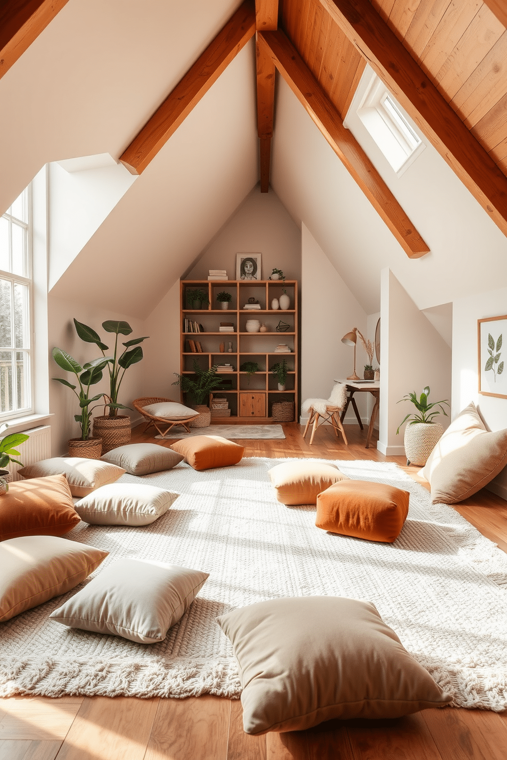 A transformative meditation space featuring an array of plush cushions in calming earth tones scattered across a soft, textured rug. Large windows allow natural light to flood the room, while indoor plants add a touch of greenery and tranquility. An attic room designed for comfort and creativity, showcasing sloped ceilings adorned with warm wooden beams. The space includes a cozy reading nook with built-in shelves, a small desk for artistic pursuits, and a soft, inviting color palette to enhance relaxation.