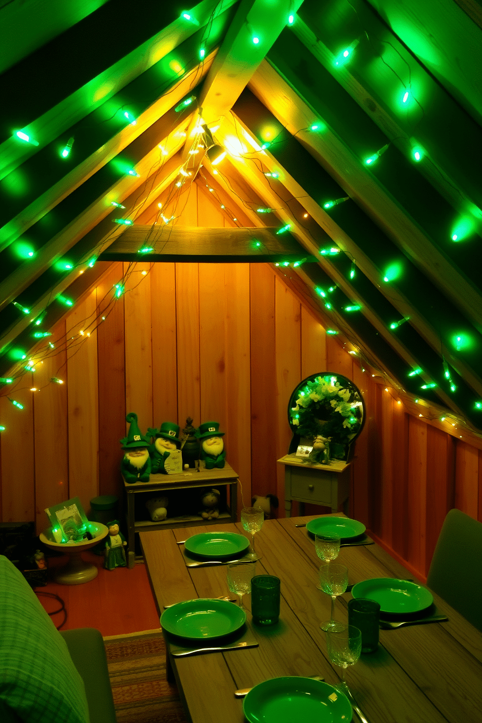 A cozy attic space adorned with green and gold fairy lights, creating a whimsical atmosphere. The lights twinkle softly against the wooden beams, casting a warm glow over the festive decorations. In one corner, a charming display of St. Patrick's Day themed decor features shamrocks and leprechaun figurines. A rustic wooden table is set with green-hued tableware, inviting guests to gather and celebrate the holiday.