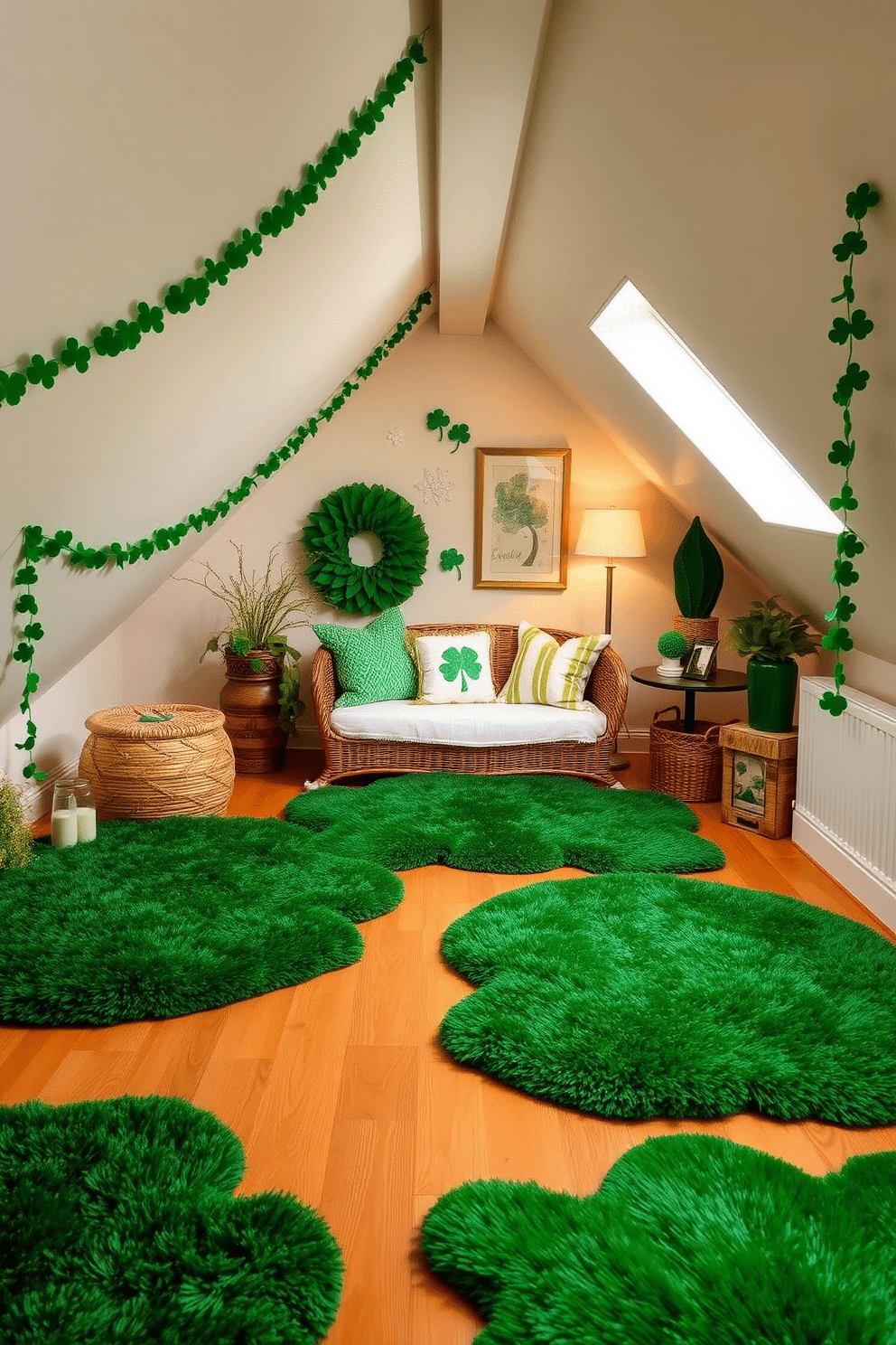 A cozy attic space adorned with emerald green rugs that add a touch of luxury and warmth. The walls are painted in soft neutrals, creating a serene backdrop for festive St. Patrick's Day decorations, including shamrock garlands and vibrant green accents. A whimsical reading nook features an emerald green rug layered over a warm wooden floor, inviting relaxation. Accents of gold and white in the decor, such as cushions and wall art, enhance the festive spirit of St. Patrick's Day, making the space feel both inviting and celebratory.