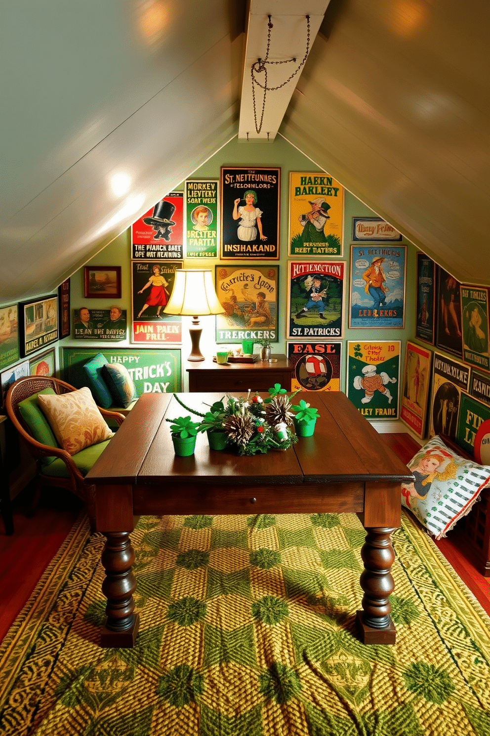 A charming attic space adorned with vintage Irish posters, featuring vibrant colors and nostalgic designs that celebrate St. Patrick's Day. The walls are lined with a mix of framed posters showcasing Irish folklore, while the floor is covered with a cozy, textured rug in shades of green and gold. In the center of the room, a rustic wooden table is set up for festive gatherings, decorated with small potted shamrocks and traditional Irish decorations. Soft, ambient lighting from a vintage lamp casts a warm glow, creating an inviting atmosphere perfect for celebrating the holiday.