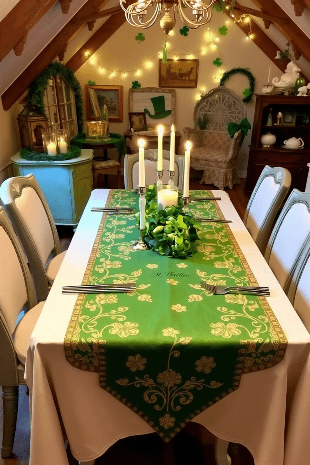 A beautifully set dining table features a lush green table runner adorned with intricate gold leaf patterns. The table is surrounded by elegant chairs, and soft candlelight creates a warm atmosphere for a St. Patrick's Day celebration. In the attic, whimsical decorations celebrate the spirit of St. Patrick's Day, including playful shamrocks and twinkling fairy lights. Vintage Irish-themed decor pieces are thoughtfully arranged to enhance the festive ambiance, creating a cozy retreat for guests.