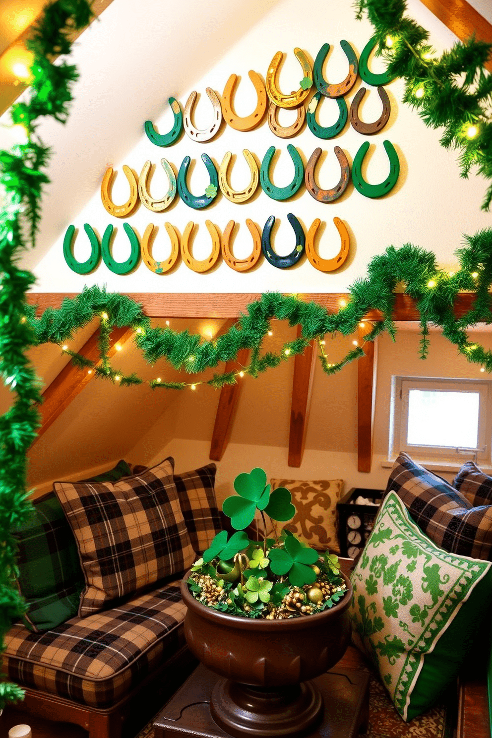 A charming display of horseshoe wall decor, featuring a collection of vintage horseshoes arranged in a creative pattern. Each horseshoe is painted in different shades of green and gold, evoking a rustic yet festive atmosphere. An inviting attic space transformed for St. Patrick's Day, adorned with green garlands and twinkling fairy lights. Cozy seating is accented with plaid cushions, while a whimsical centerpiece of shamrocks and gold accents brings the theme to life.