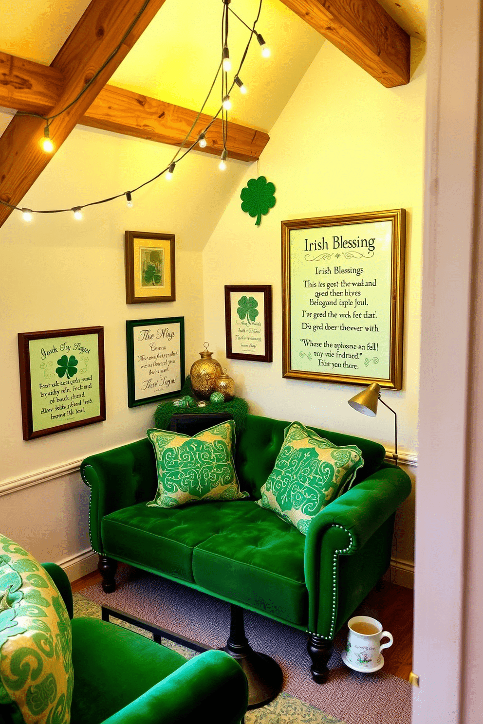 A cozy attic space adorned with framed Irish blessing quotes that celebrate the spirit of St. Patrick's Day. The walls are painted in soft pastel shades, and vintage wooden beams add character, while green and gold decor elements create a festive atmosphere. A charming seating area features a plush, emerald green sofa surrounded by decorative pillows showcasing Celtic patterns. String lights twinkle above, and a small table holds a collection of shamrock-themed ornaments and a steaming cup of tea, inviting relaxation and reflection.