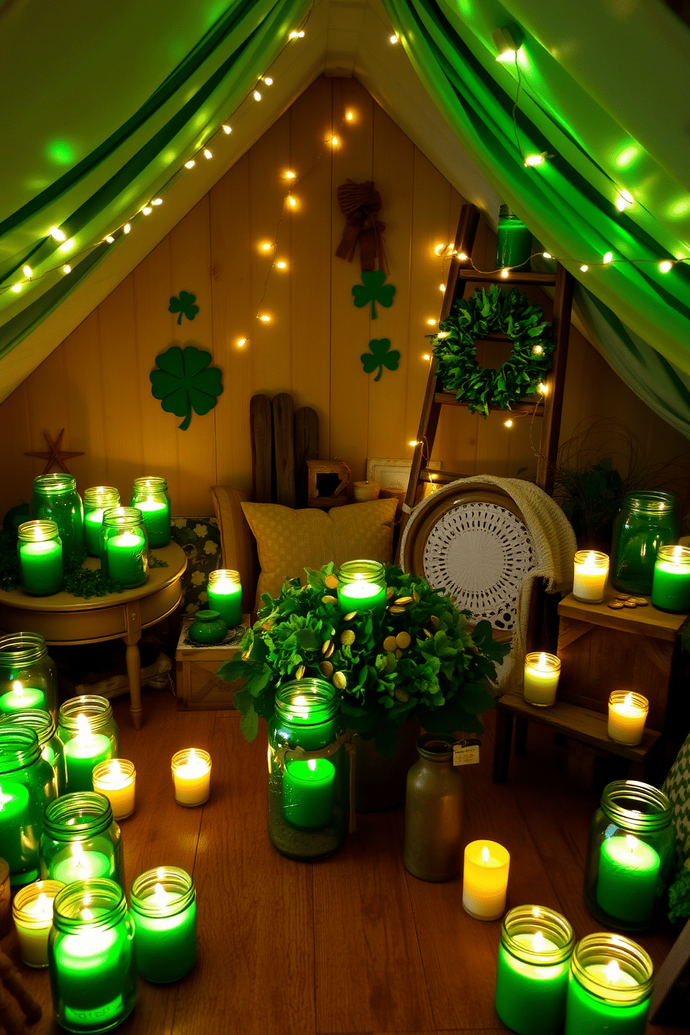 A cozy attic space adorned for St. Patrick's Day features an array of green mason jar candles, casting a warm glow throughout the room. The jars are filled with flickering tealights, surrounded by shamrock decorations and rustic wooden accents that celebrate the festive spirit. The walls are draped with soft, green fabrics, and a vintage ladder leans against one side, decorated with twinkling fairy lights. A charming table in the center displays a festive centerpiece, complete with a mix of gold coins and vibrant green foliage, creating an inviting atmosphere.