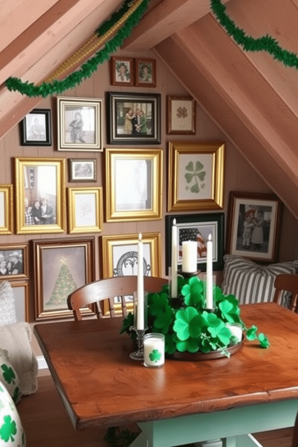 A cozy attic space decorated for St. Patrick's Day features a collection of gold-accented picture frames showcasing festive artwork and family memories. The walls are adorned with green and gold garlands, while a rustic wooden table displays a centerpiece of shamrocks and candles, creating a warm, inviting atmosphere.