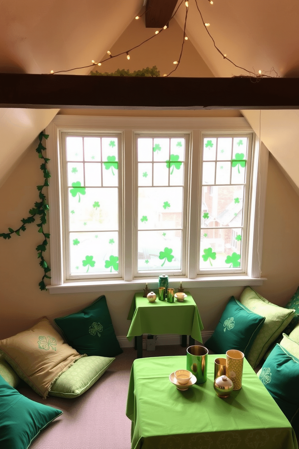 A cozy attic space decorated for St. Patrick's Day features whimsical shamrock window decals adorning the large, sunlit windows. The walls are painted a soft cream, creating a warm backdrop for festive green accents, including garlands and cushions scattered throughout the room. In one corner, a small table is set up with a vibrant green tablecloth, adorned with gold and white decorative items. Soft fairy lights twinkle above, adding a magical touch to the celebration atmosphere.