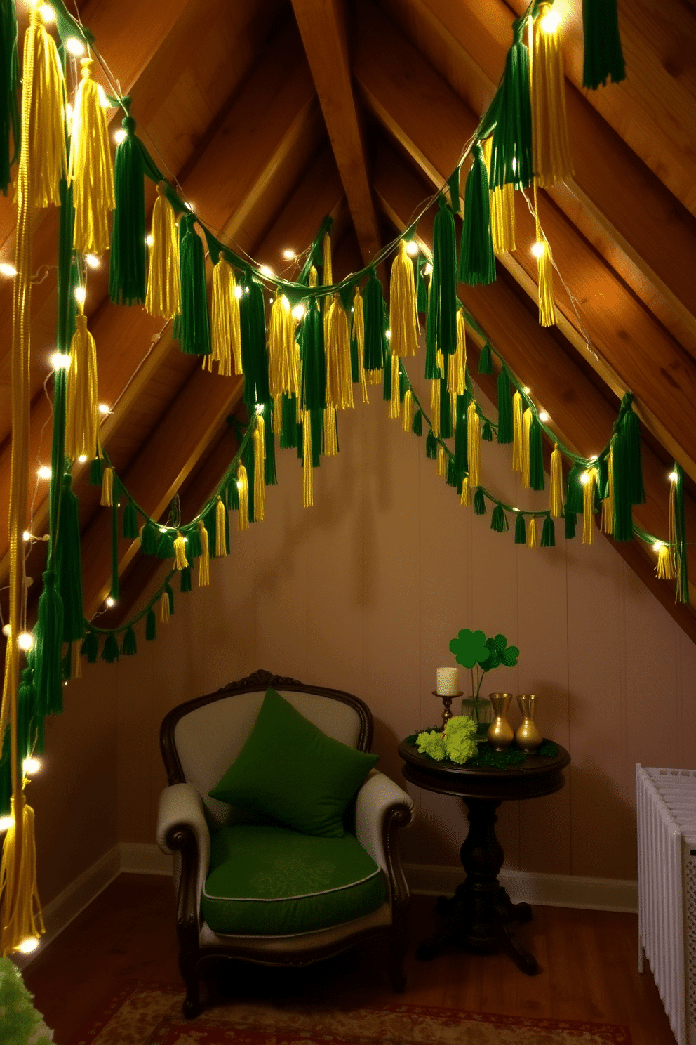 A whimsical attic space adorned with green and gold tassel garlands, creating a festive atmosphere for St. Patrick's Day. The garlands drape gracefully from exposed beams, complemented by twinkling fairy lights that add a warm glow to the room. In one corner, a cozy seating area features plush green cushions on a vintage armchair, inviting guests to relax and enjoy the celebration. A small table is decorated with a cheerful centerpiece of shamrocks and gold accents, enhancing the holiday spirit throughout the attic.