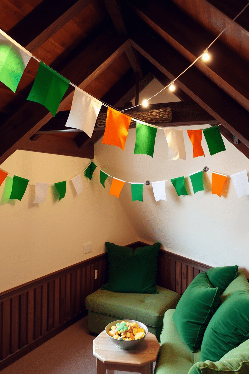 A charming attic space adorned with Irish flag bunting, creating a festive atmosphere for St. Patrick's Day. The walls are painted a soft cream, and the wooden beams are draped with vibrant green, white, and orange flags, fluttering gently in the breeze. Cozy seating is arranged in the corner, featuring plush green cushions and a small table topped with a bowl of shamrock-themed treats. String lights twinkle overhead, casting a warm glow that enhances the celebratory vibe of this delightful attic retreat.