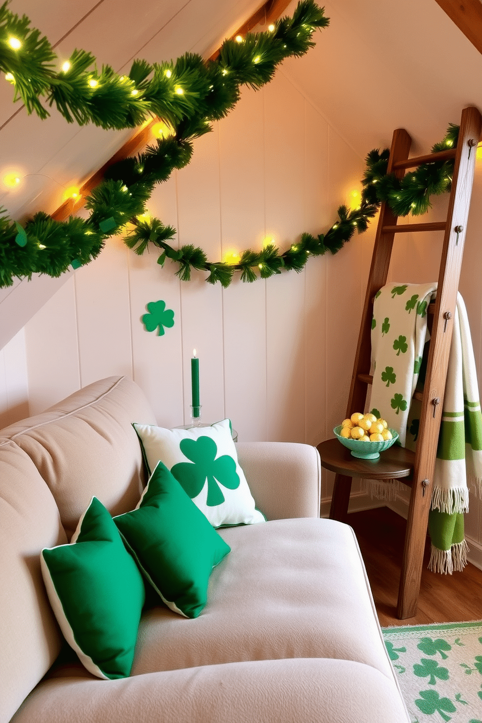 A cozy attic space adorned for St. Patrick's Day features a comfortable seating area with shamrock-patterned throw pillows scattered across a plush, neutral-colored sofa. The walls are decorated with festive green garlands and twinkling fairy lights, creating a warm and inviting atmosphere. In one corner, a small wooden table displays an arrangement of green candles and a decorative bowl filled with gold-wrapped chocolates. A vintage ladder is propped against the wall, draped with soft green and white blankets, adding to the charm of the festive decor.