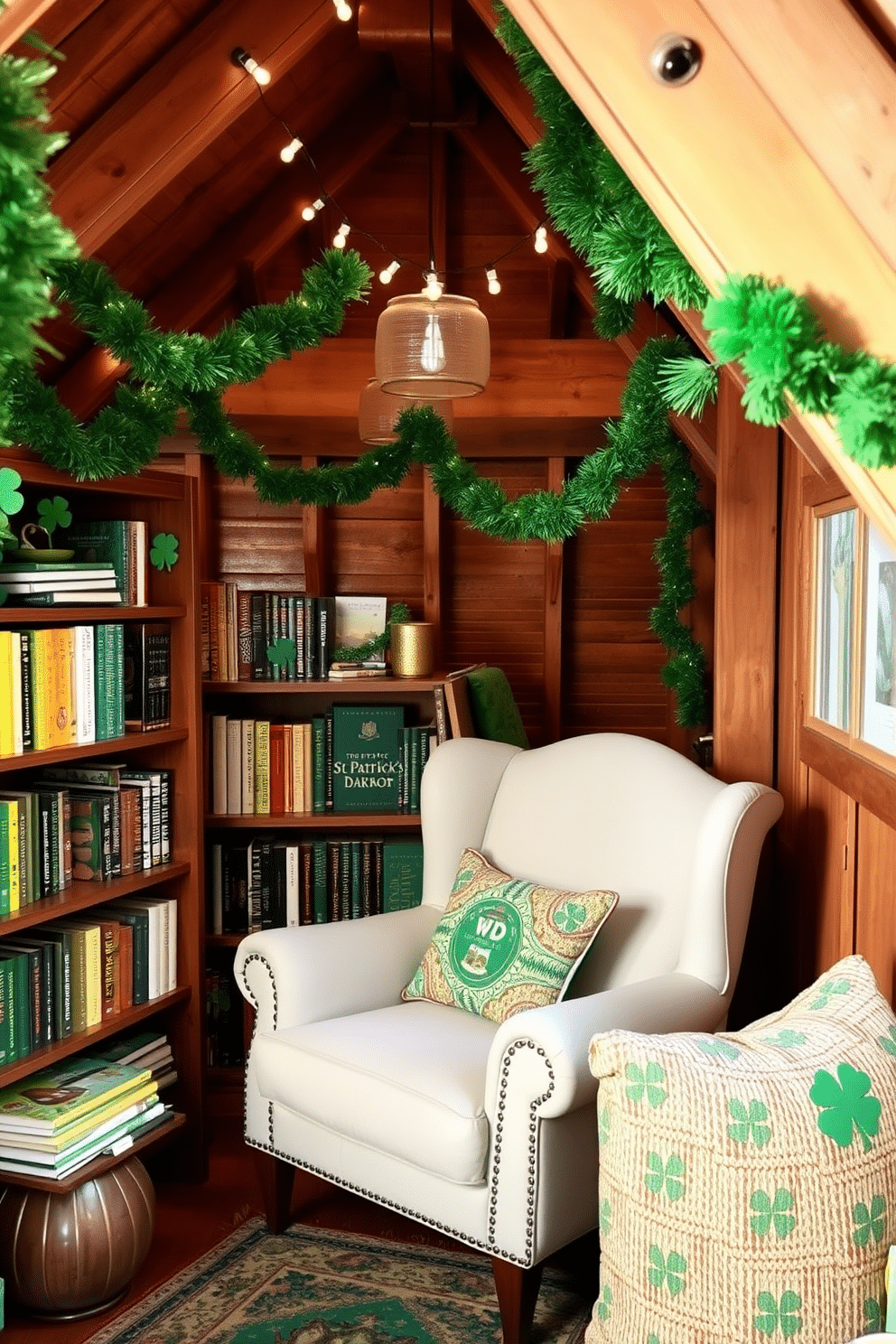 A cozy reading nook filled with St. Patrick's Day themed books. The shelves are adorned with vibrant green and gold decorations, and a plush armchair sits nearby, inviting readers to dive into festive tales. The attic is transformed into a whimsical St. Patrick's Day retreat. String lights twinkle above, while green garlands and shamrocks drape across the rustic beams, creating a cheerful and inviting atmosphere.