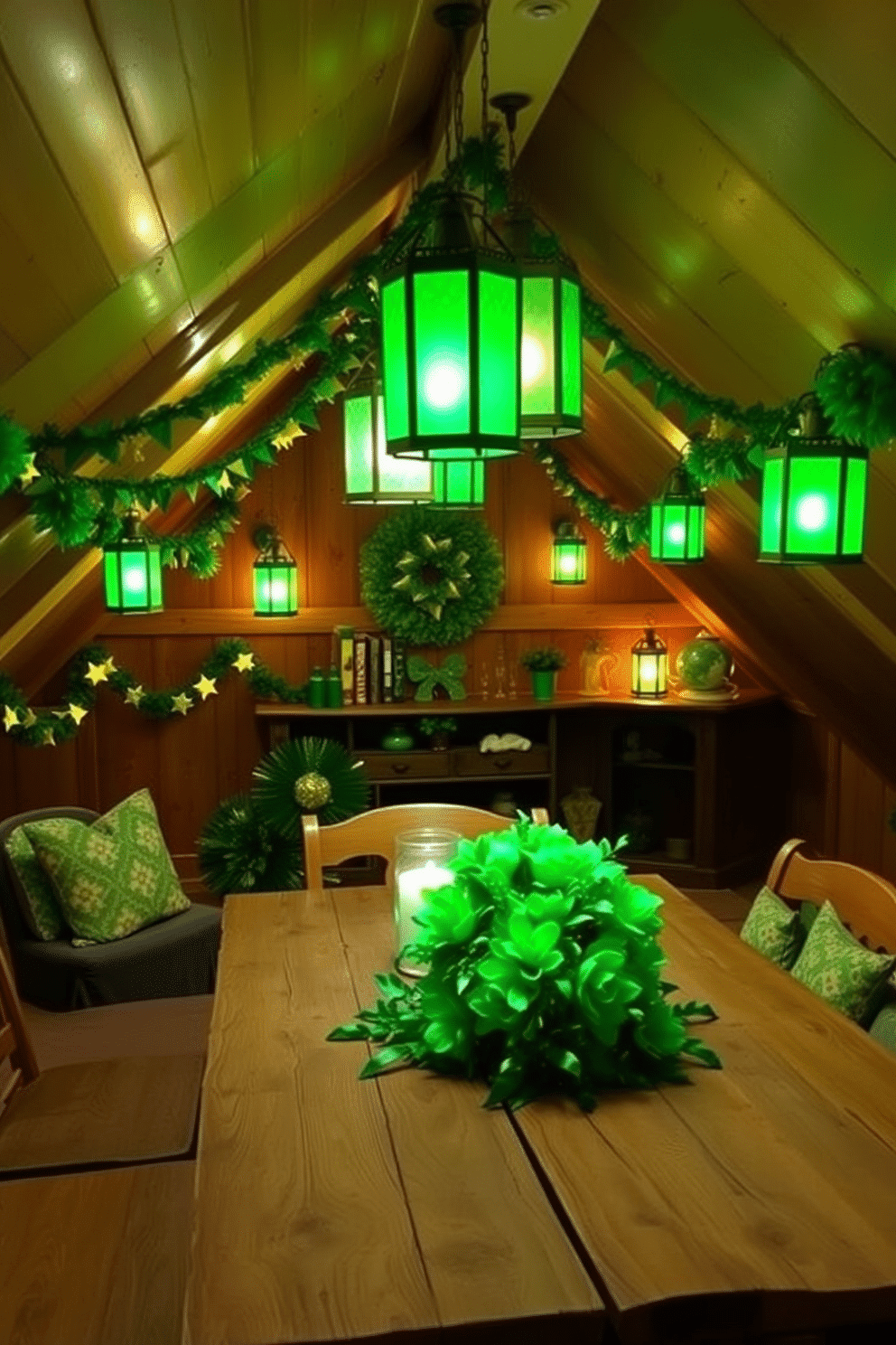 A cozy attic space adorned with green and gold lanterns, casting a warm glow throughout the room. The walls are decorated with festive St. Patrick's Day garlands, while a rustic wooden table holds an array of themed decorations and a vibrant green centerpiece.