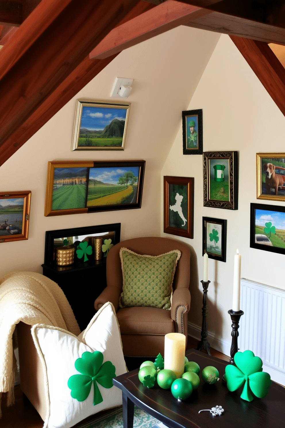 A cozy attic space adorned with Irish-themed photo frames showcasing vibrant landscapes and traditional symbols of Ireland. The walls are painted in soft cream, with rustic wooden beams exposed, creating a warm and inviting atmosphere perfect for St. Patrick's Day celebrations. Festive green and gold accents are incorporated through decorative pillows and throws on a vintage armchair. A small table is set with a collection of shamrock-themed ornaments and candles, enhancing the cheerful spirit of the holiday.