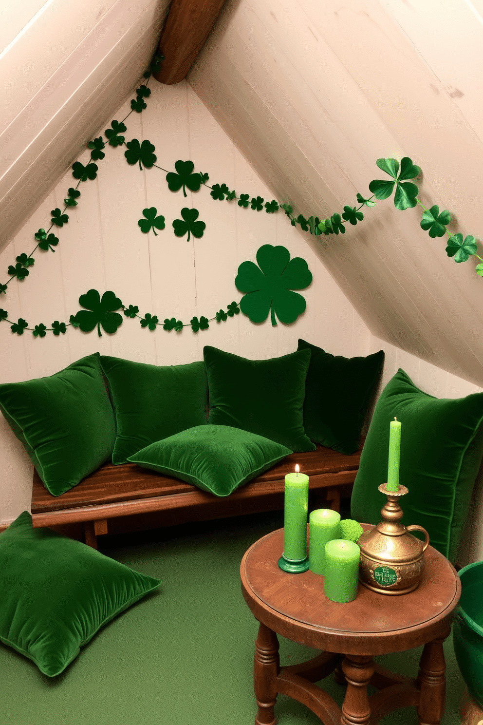 A cozy attic space adorned for St. Patrick's Day, featuring plush green velvet cushions scattered across a rustic wooden bench. The walls are decorated with festive garlands of shamrocks, and a small table holds a charming display of green-hued candles and a pot of gold-themed decor.